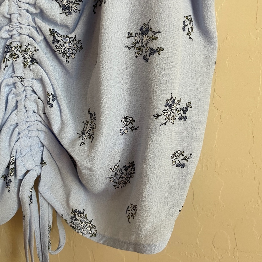 Mango Floral Print Top Cinched Ruched Powder Baby Blue Spaghetti Strap L XL - Picture 8 of 8
